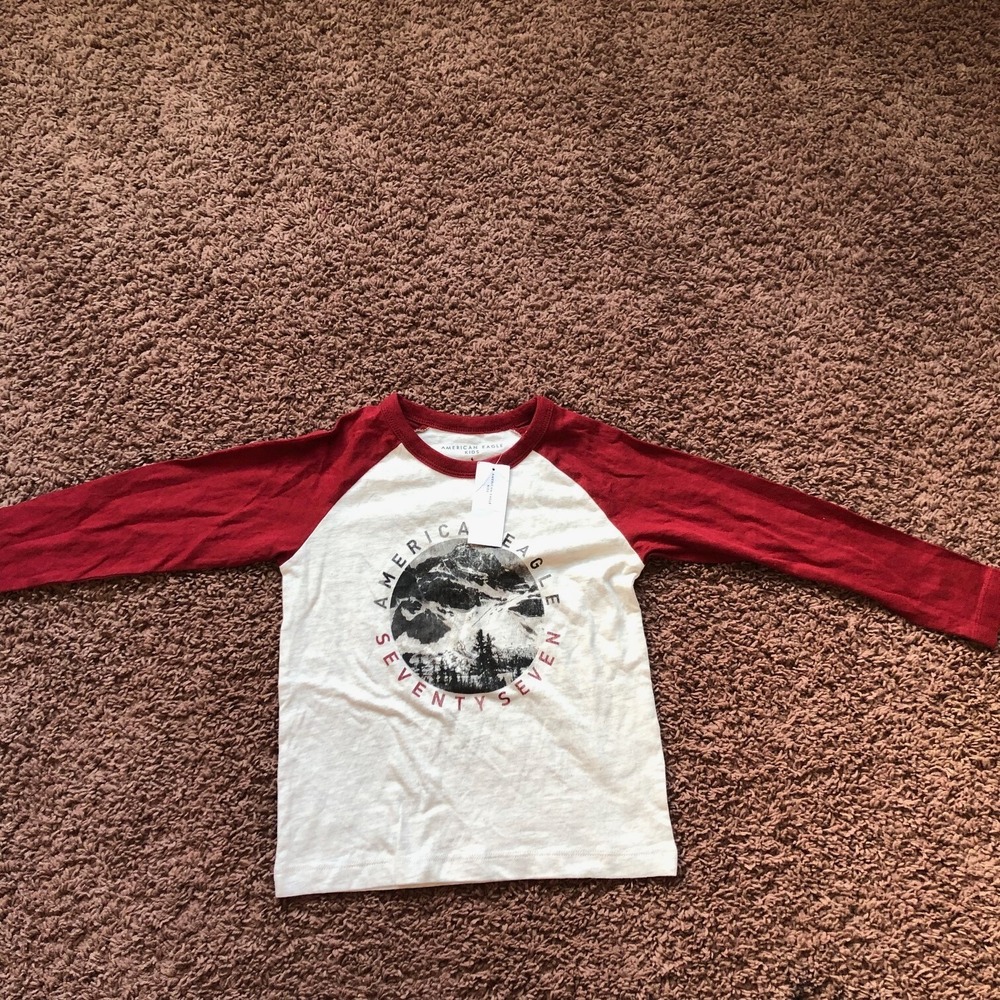 American Eagle Kids Boys Raglan Baseball Tee Mountain Graphic Shirt Red Cream 4